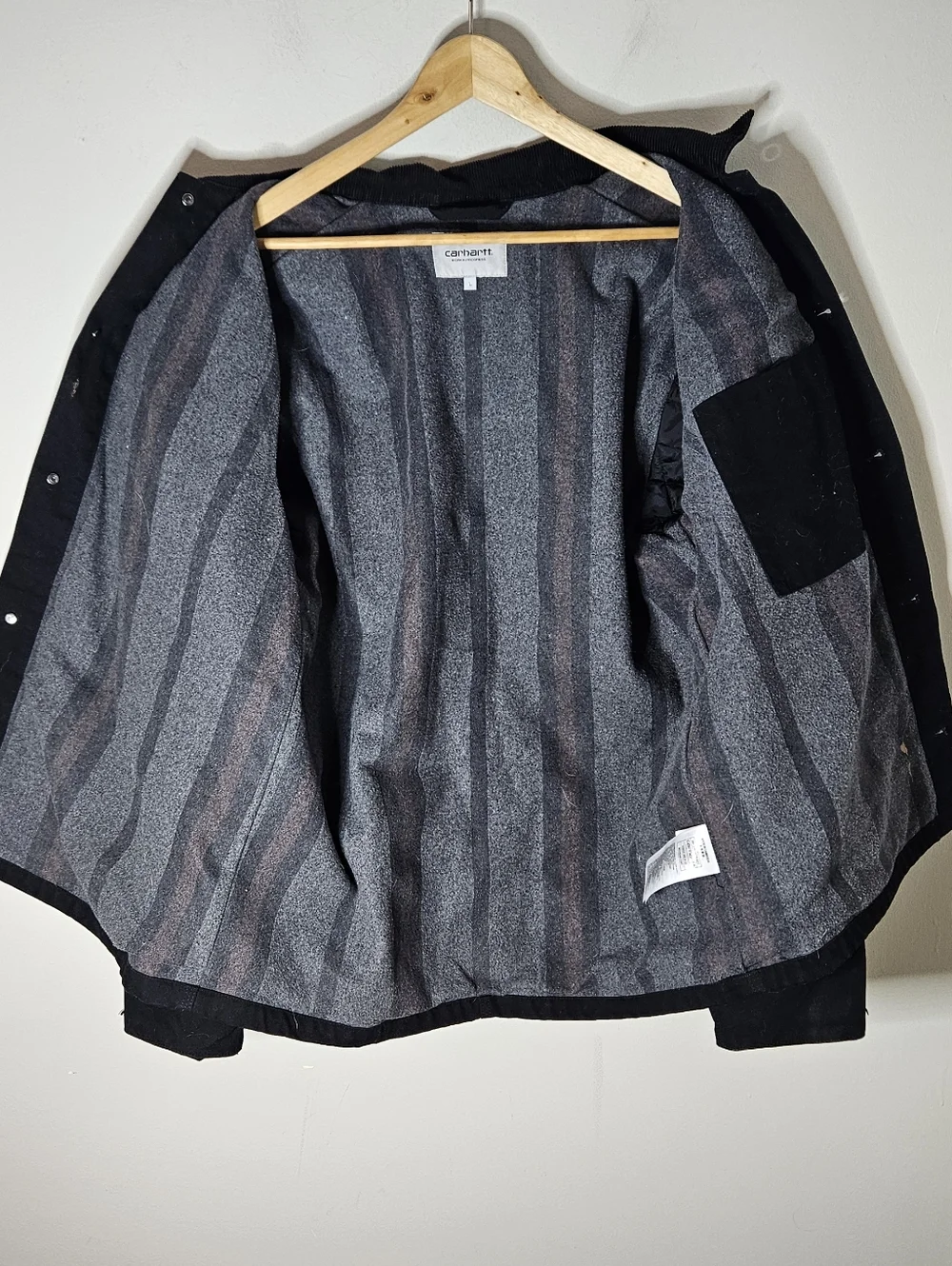 Carhartt WIP Michigan Coat Black Cotton Canvas Buttons Corduroy Collar Mens L
